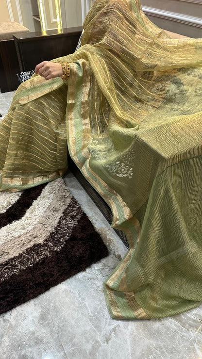 Banarasi Pure Crushed Tissue Silk Satin Border Saree...Pastel green color