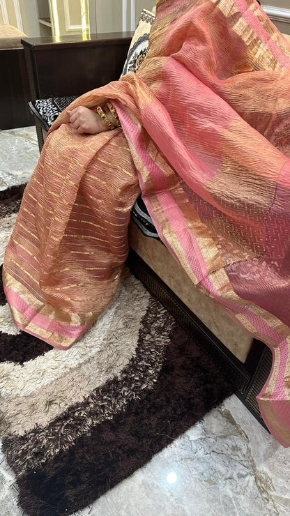 Banarasi Pure Crushed Tissue Silk Satin Border Saree...Baby pink colour