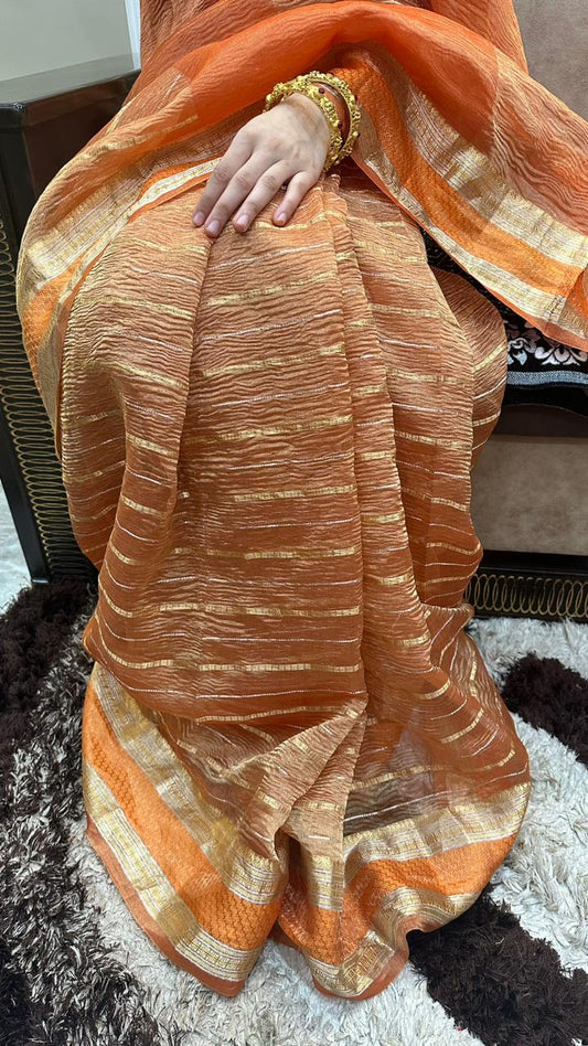 Banarasi Pure Crushed Tissue Silk Satin Border Saree...Orange color