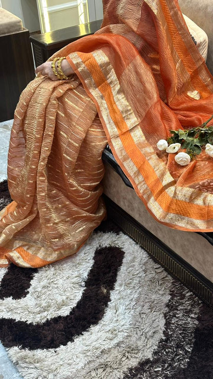 Banarasi Pure Crushed Tissue Silk Satin Border Saree...Orange color