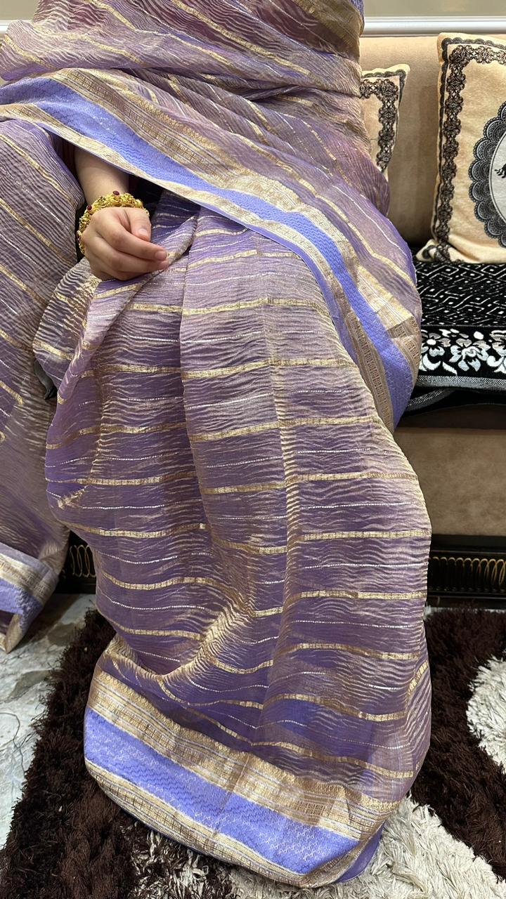 Banarasi Pure Crushed Tissue Silk Satin Border Saree...Purple colour