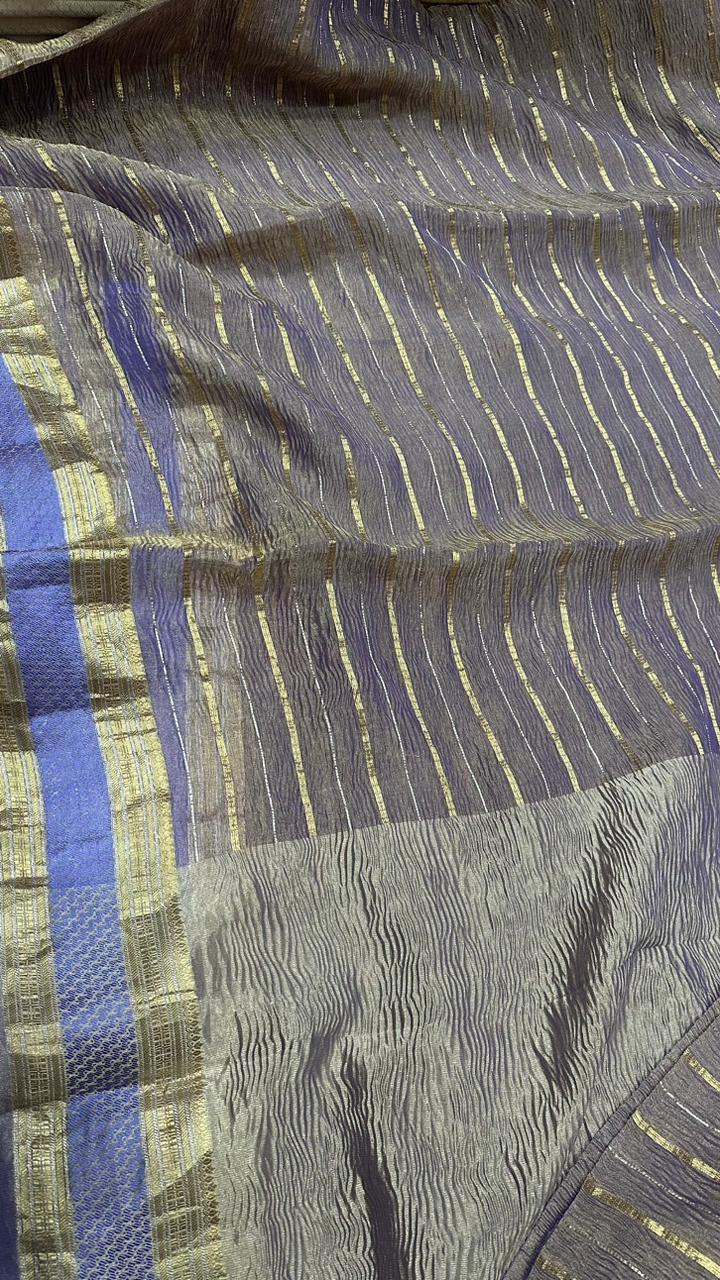 Banarasi Pure Crushed Tissue Silk Satin Border Saree...Purple colour