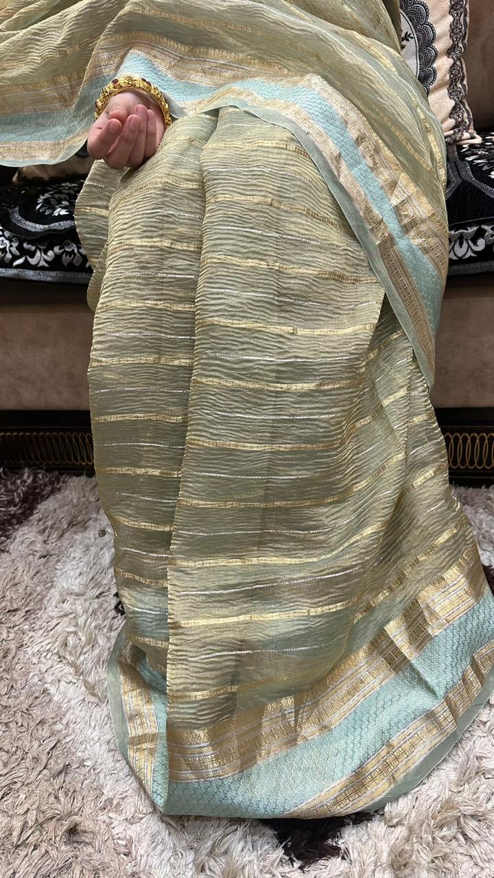 Banarasi Pure Crushed Tissue Silk Satin Border Saree...Light ferozi color