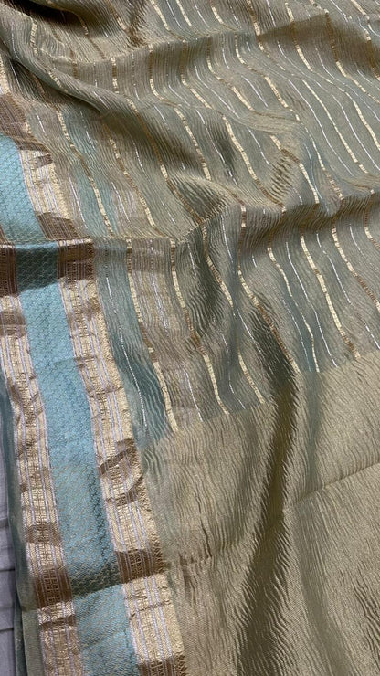 Banarasi Pure Crushed Tissue Silk Satin Border Saree...Light ferozi color