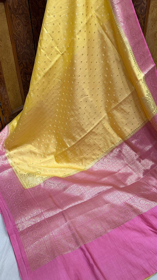 Pure soft spun silk summer wear banarasi zari buti contrast border saree