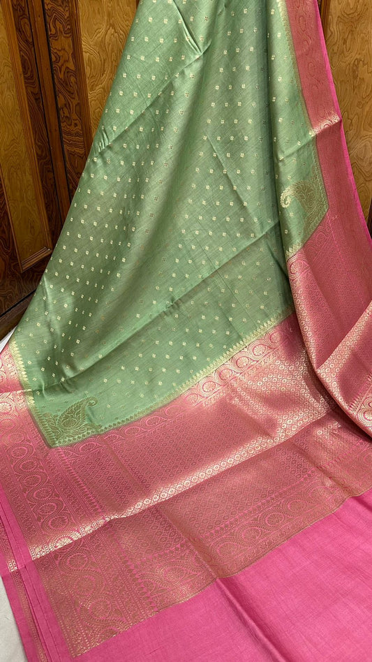 Pure soft spun silk summer wear banarasi zari buti contrast border saree