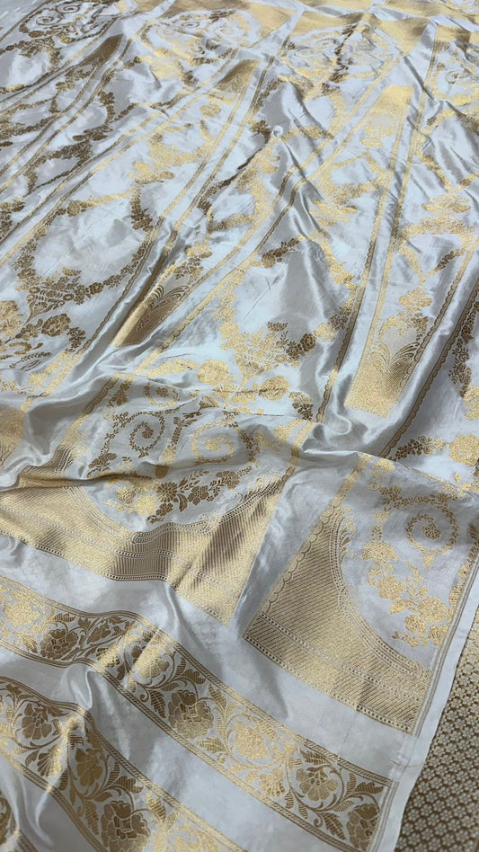 Handloom Banarasi katan silk lehenga White Color.