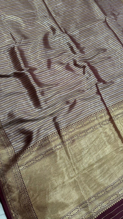 Handloom Pure Banarasi katan silk horizontal Gold and silver Zari lines saree