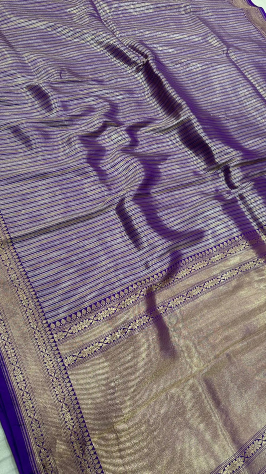 Handloom Pure Banarasi katan silk horizontal Gold and silver Zari lines saree