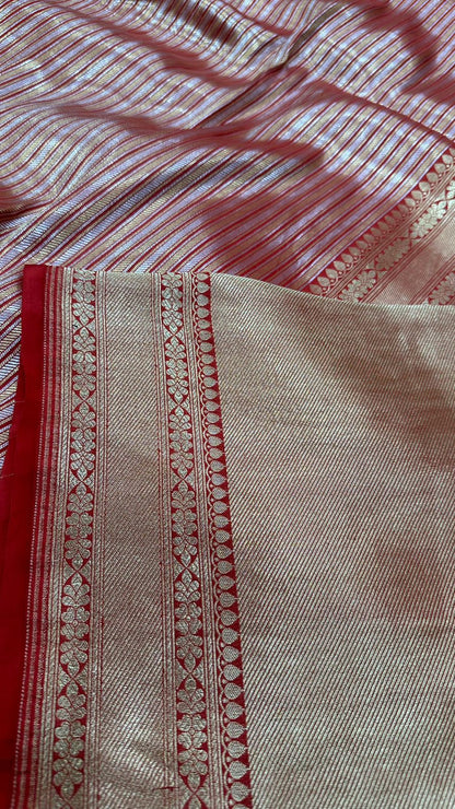 Handloom Pure Banarasi katan silk horizontal Gold and silver Zari lines saree