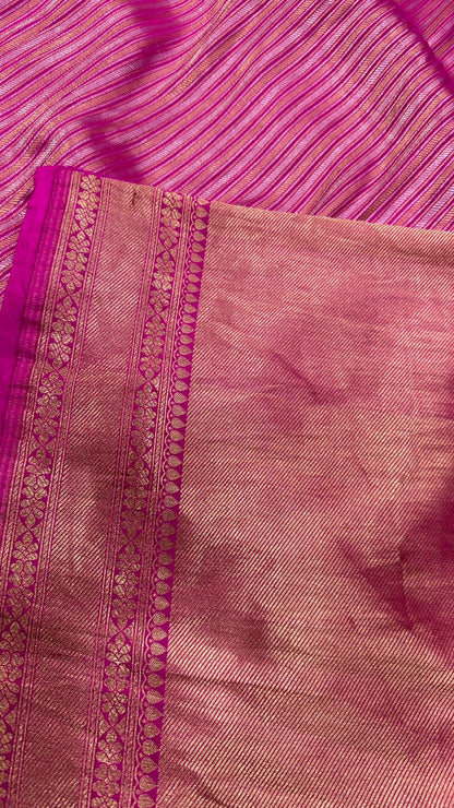 Handloom Pure Banarasi katan silk horizontal Gold and silver Zari lines saree