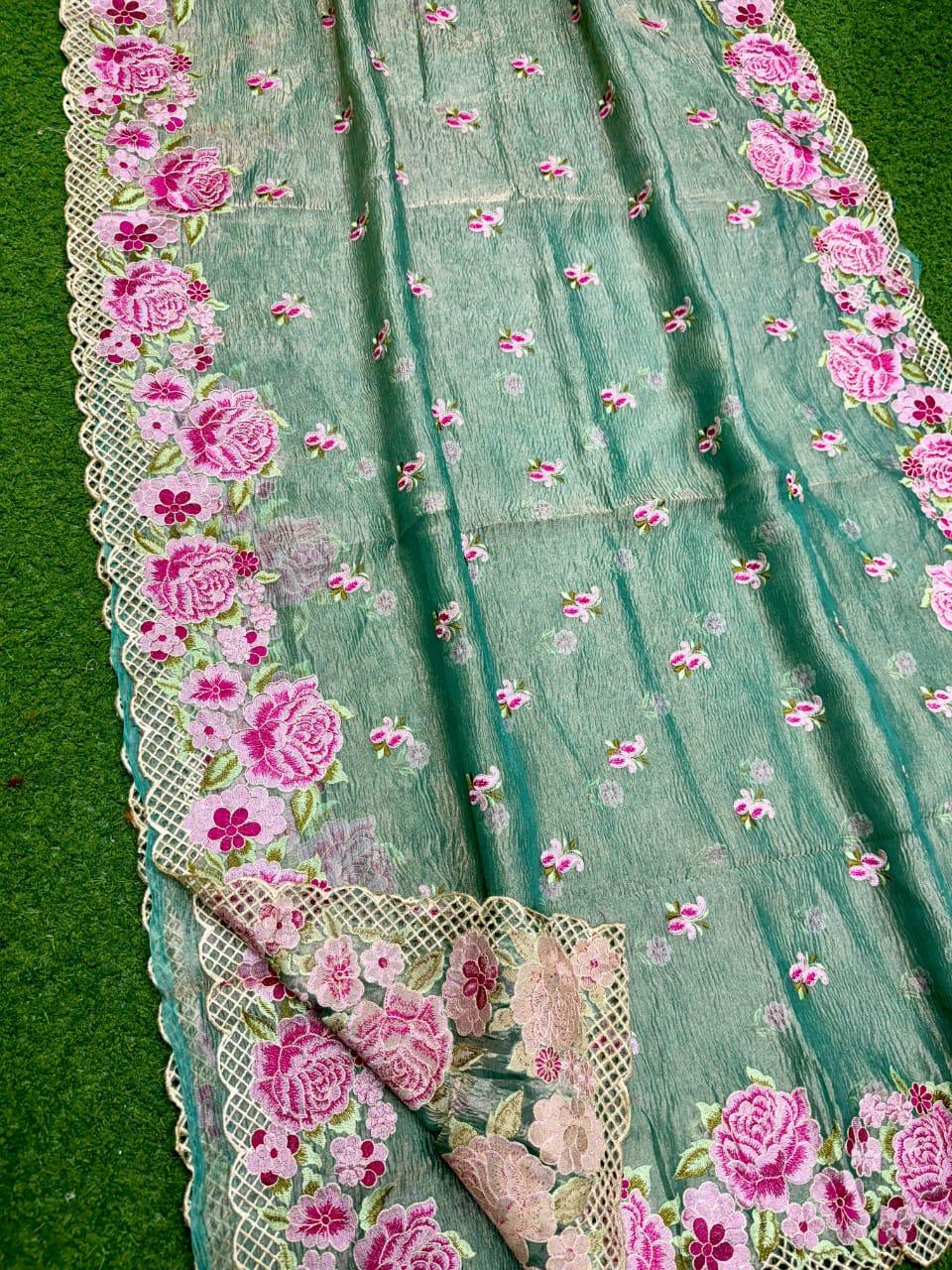 Pure tissue silk embroidery work saree