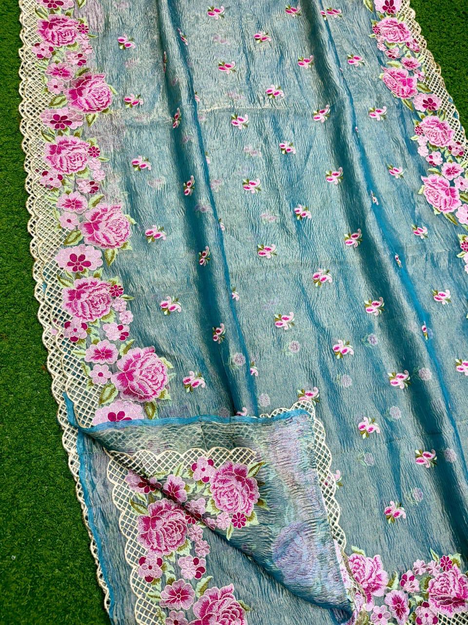 Pure tissue silk embroidery work saree