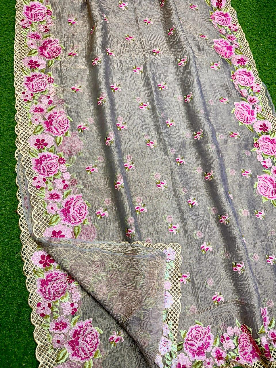 Pure tissue silk embroidery work saree