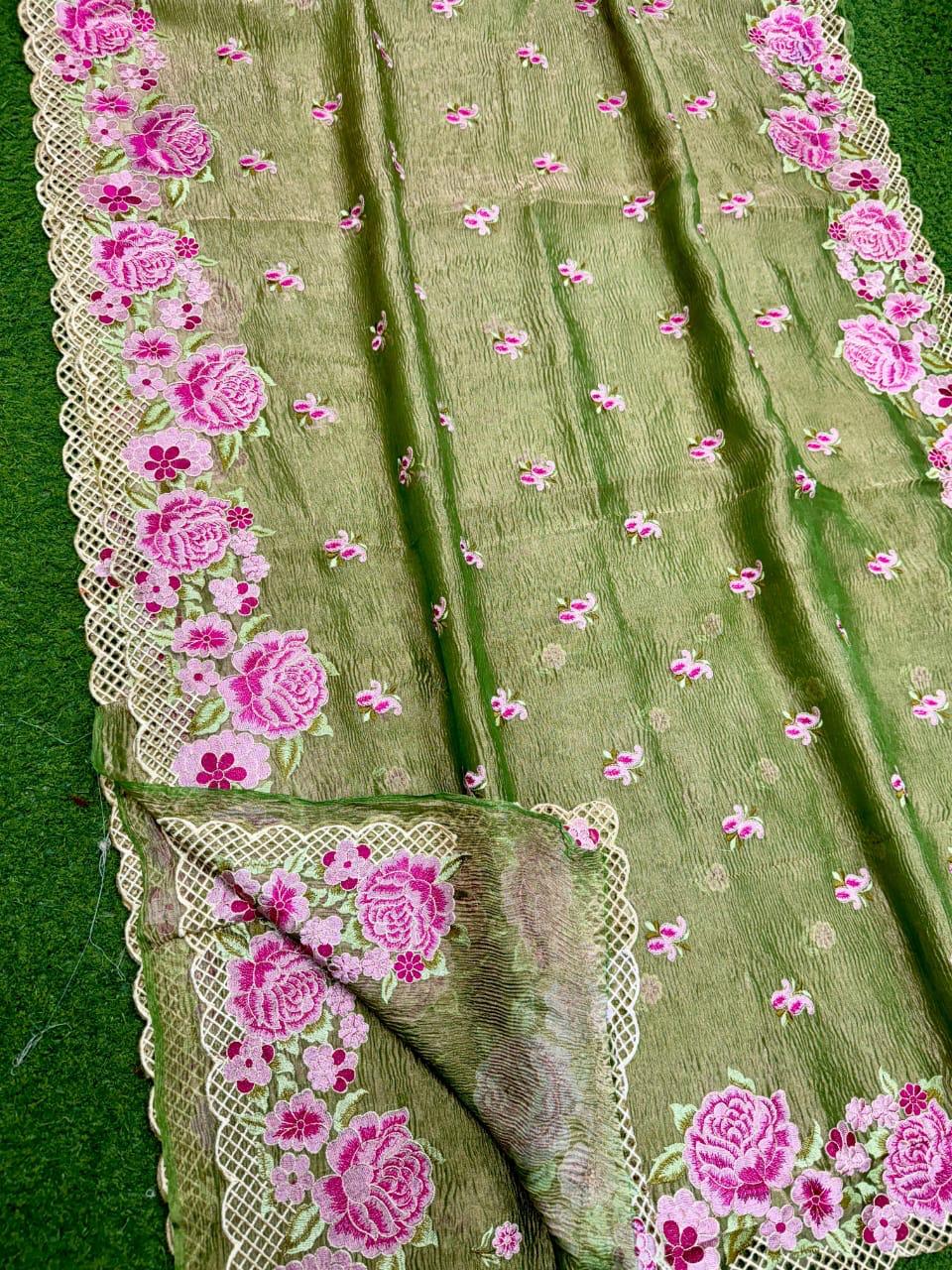 Pure tissue silk embroidery work saree