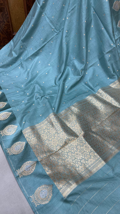 Handloom Pure Raw mango silk Satin border with minedar buta work Saree