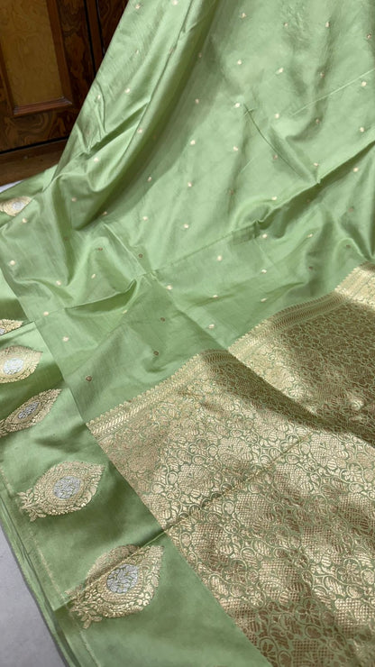 Handloom Pure Raw mango silk Satin border with minedar buta work Saree