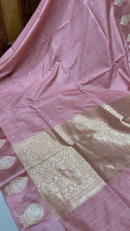 Handloom Pure Raw mango silk Satin border with minedar buta work Saree