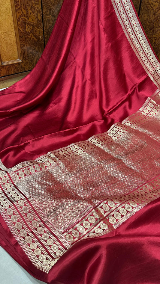 Handwoven Pure Mashru Silk plain Kaduwa Weaving border Saree