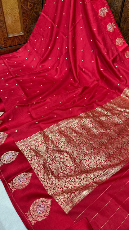 Handloom Pure Raw mango silk Satin border with minedar buta work Saree