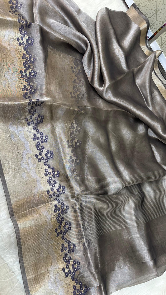 Navy Blue Pure Tissu silk meena border saree