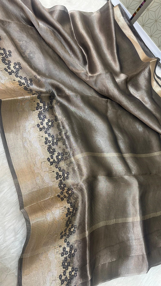 Gray Pure Tissu silk meena border saree