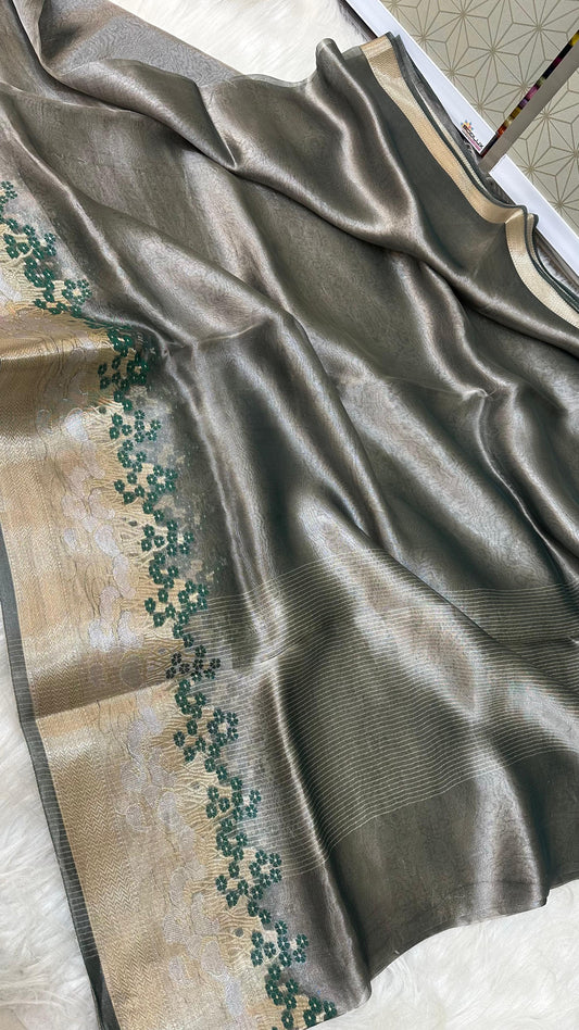 Bottle Green Pure Tissu silk meena border saree