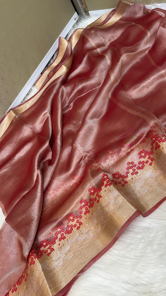 Red Pure Tissue silk meena border saree
