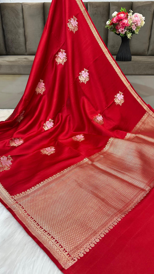Red Mashru Silk Zari Border Boota Banarasi Saree