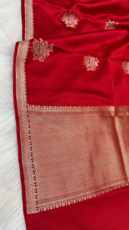Red Mashru Silk Zari Border Boota Banarasi Saree
