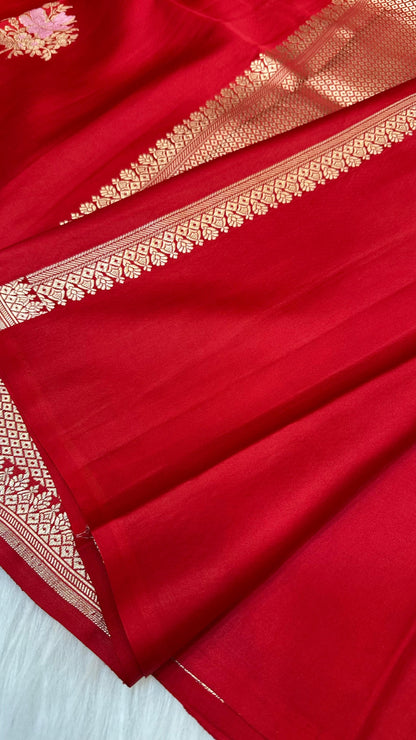 Red Mashru Silk Zari Border Boota Banarasi Saree