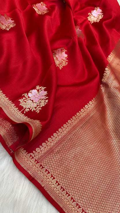 Red Mashru Silk Zari Border Boota Banarasi Saree