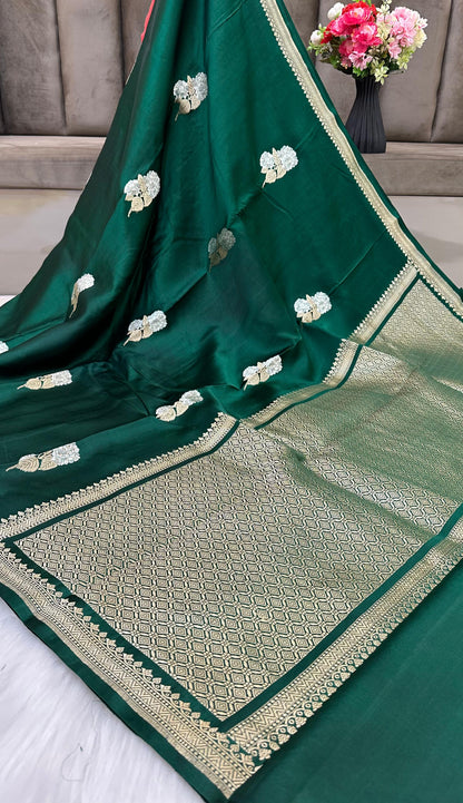 Bottle Green Mashru Silk Zari Border Boota Banarasi Saree