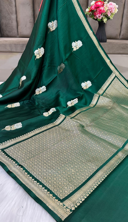 Bottle Green Mashru Silk Zari Border Boota Banarasi Saree