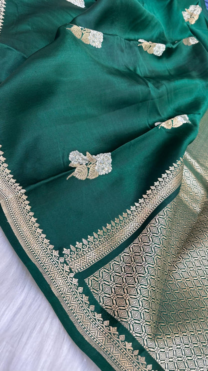 Bottle Green Mashru Silk Zari Border Boota Banarasi Saree