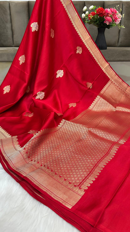 Red Mashru Silk Zari Border Boota Banarasi Saree