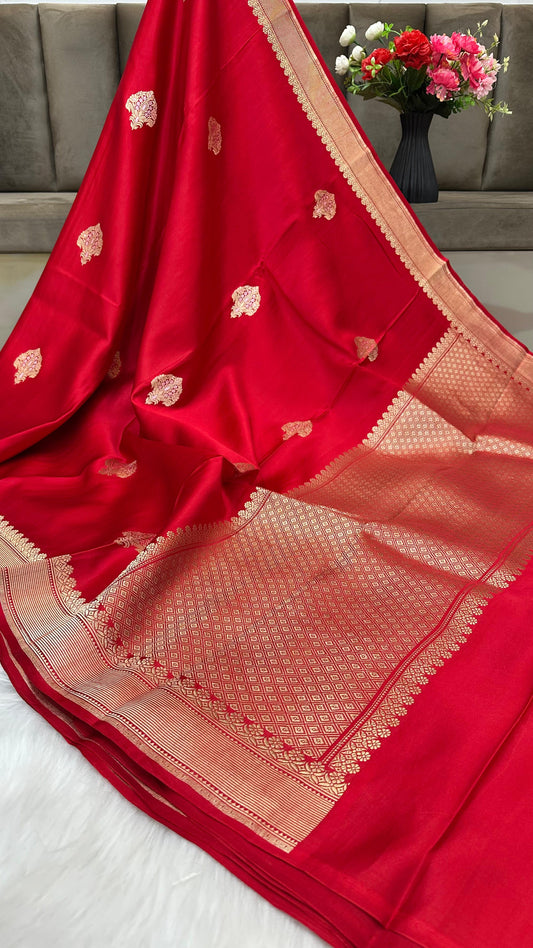 Red Mashru Silk Zari Border Boota Banarasi Saree