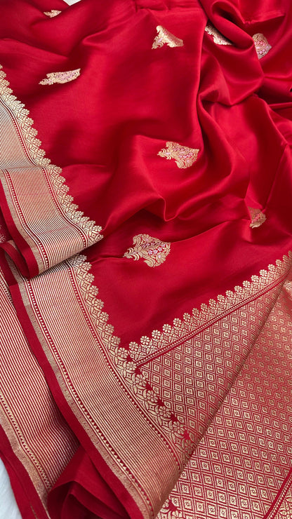 Red Mashru Silk Zari Border Boota Banarasi Saree
