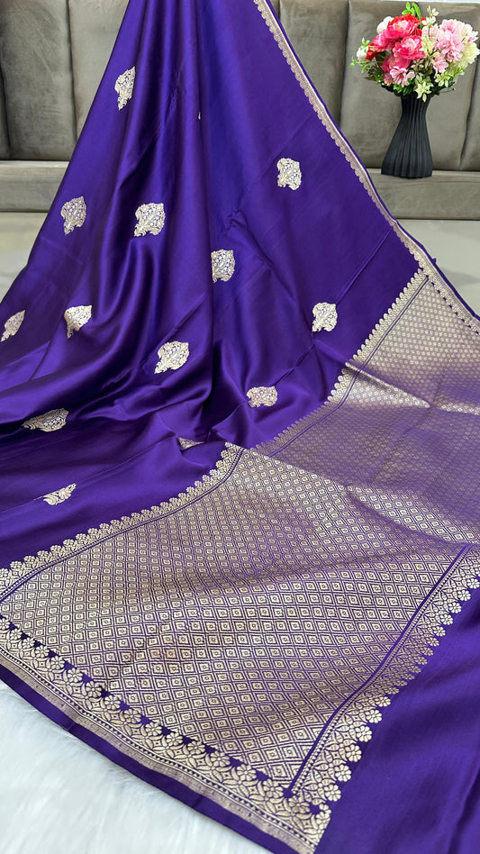 Navy Blue Mashru Silk Zari Border Boota Banarasi Saree