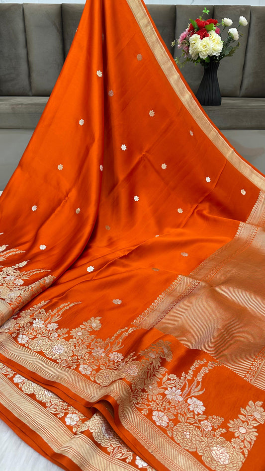 Orange Mashru Silk Skirt Border Zari Aanchal Banarasi Booti Saree
