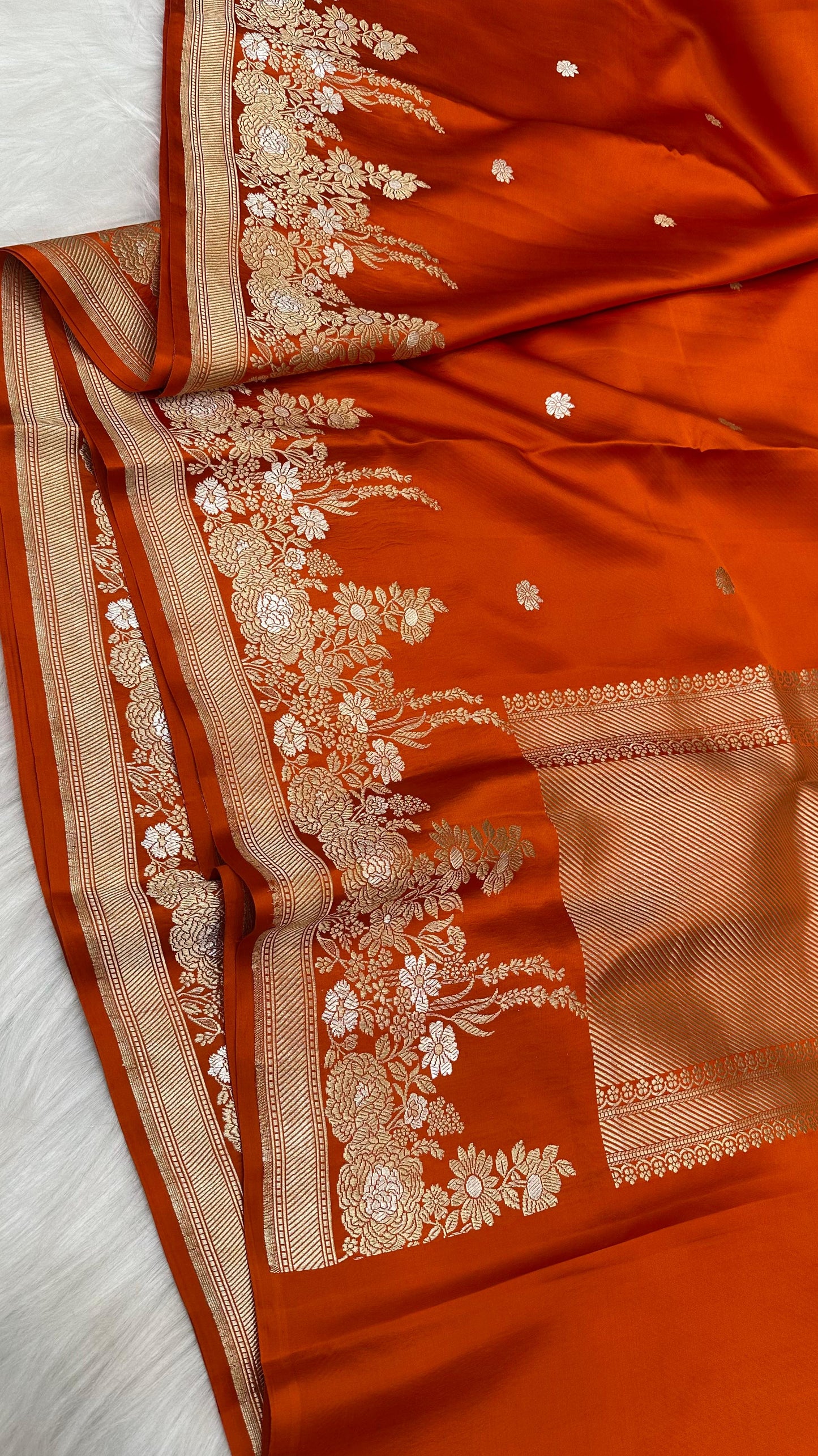 Orange Mashru Silk Skirt Border Zari Aanchal Banarasi Booti Saree