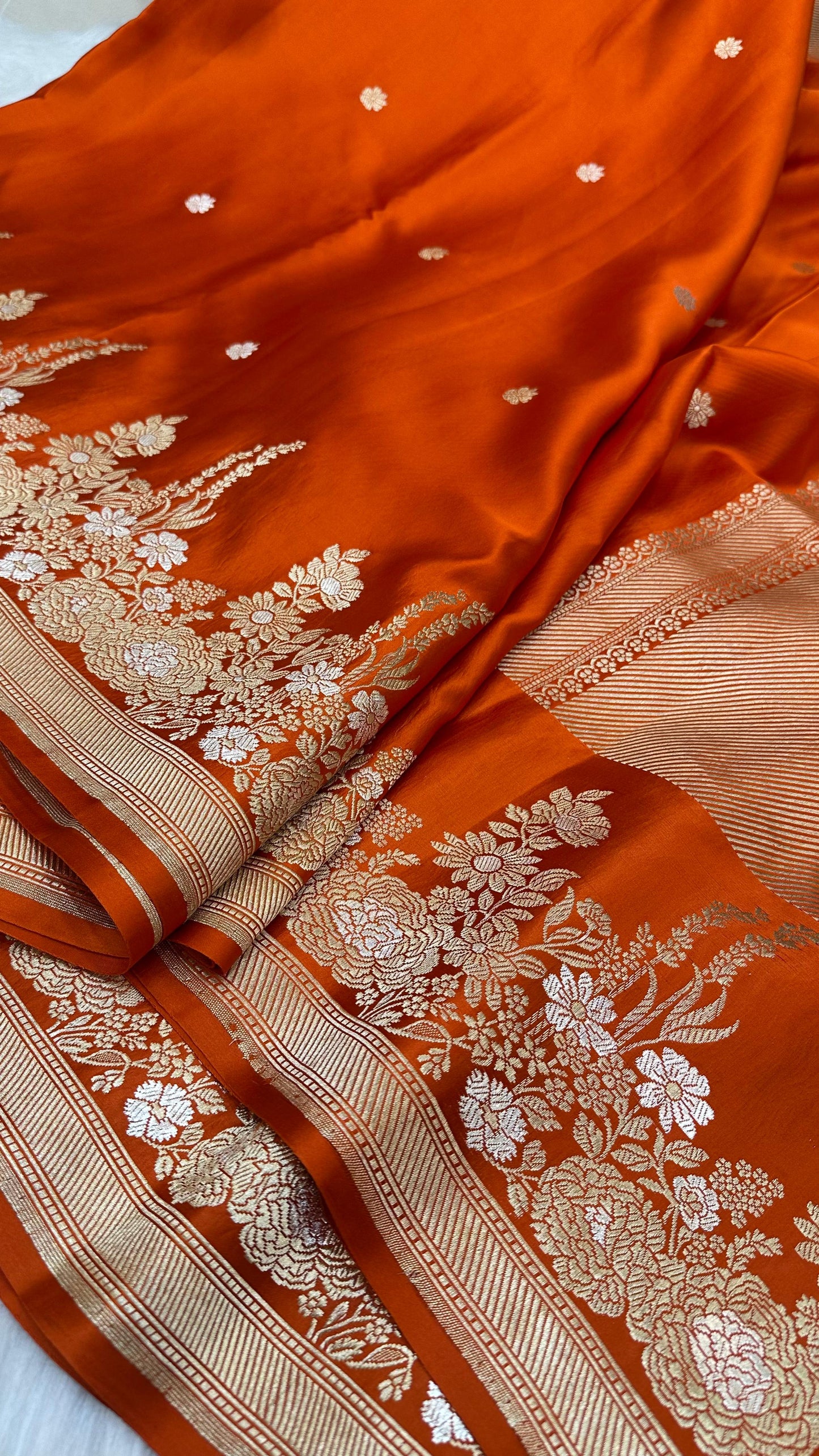 Orange Mashru Silk Skirt Border Zari Aanchal Banarasi Booti Saree