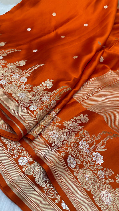 Orange Mashru Silk Skirt Border Zari Aanchal Banarasi Booti Saree