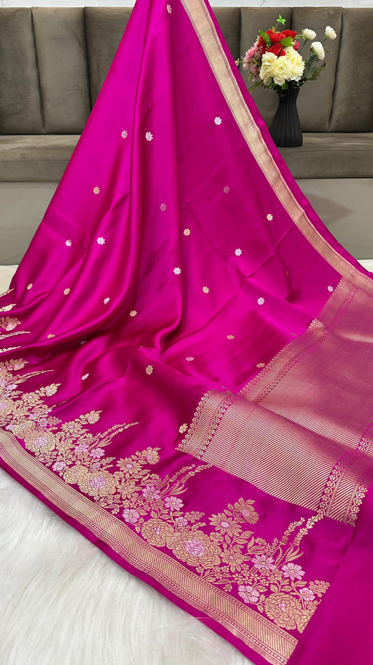 Magenta Mashru Silk Skirt Border Zari Aanchal Banarasi Booti Saree
