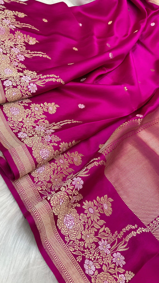 Magenta Mashru Silk Skirt Border Zari Aanchal Banarasi Booti Saree