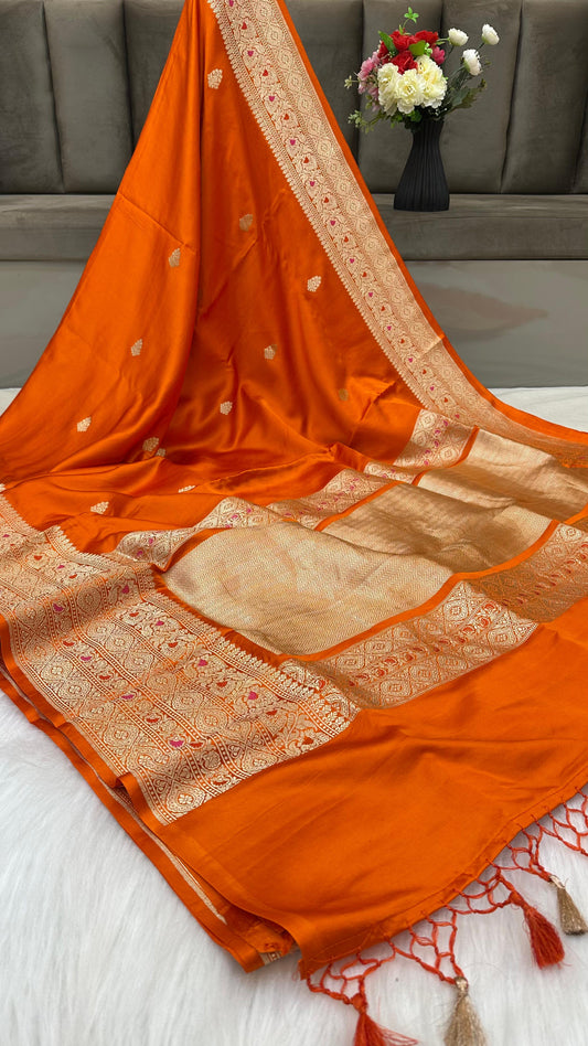Orange Mashru Silk Skirt Border Zari Aanchal Banarasi Booti Saree