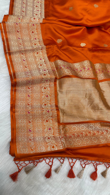 Orange Mashru Silk Skirt Border Zari Aanchal Banarasi Booti Saree