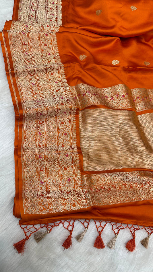 Orange Mashru Silk Skirt Border Zari Aanchal Banarasi Booti Saree