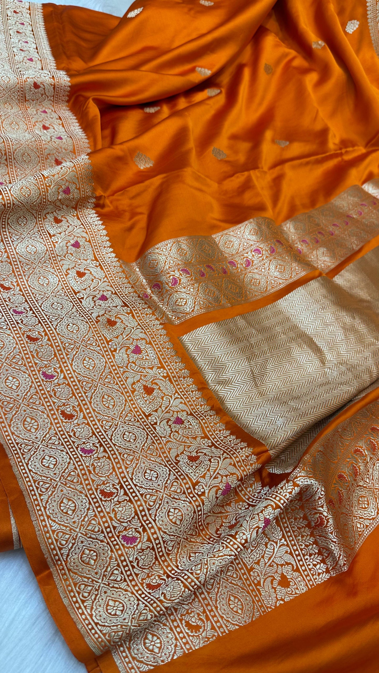 Orange Mashru Silk Skirt Border Zari Aanchal Banarasi Booti Saree