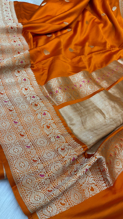 Orange Mashru Silk Skirt Border Zari Aanchal Banarasi Booti Saree